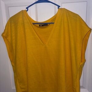 ZARA Bright Yellow V-Neck Short Sleeve Top
